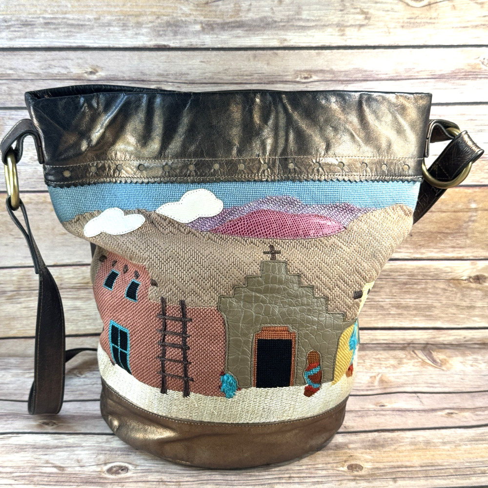 Boots & Baliley 80s 90s Southwestern Woven & Leather Landscape Bucket Bag Purse